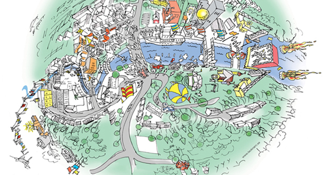 Fish-eye-skiss över Norrtälje inför event Tändkulan