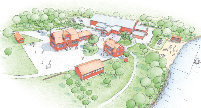 Vy över Rådmansö skola och sporthall för presentationstrycksak